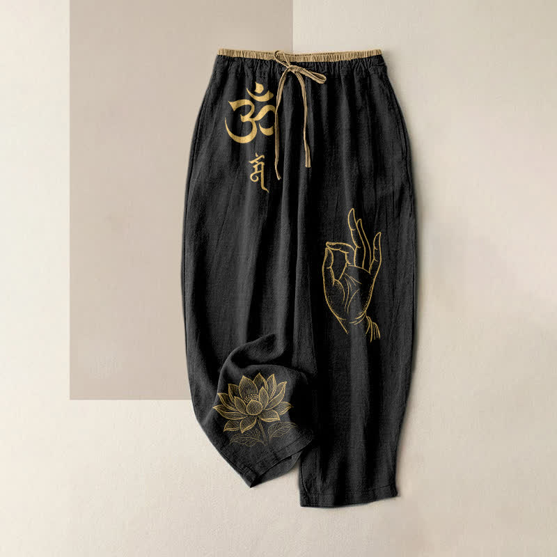 Buddha Stones Pantalones de mujer de algodón puro con estampado de loto sagrado Om y cintura elástica con bolsillos. - Negro - US16，UK/AU20，EU48 (3XL) - image 0