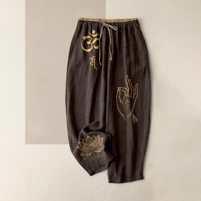 Buddha Stones Pantalones de mujer de algodón puro con estampado de loto sagrado Om y cintura elástica con bolsillos. - Marrón silla de montar - US16，UK/AU20，EU48 (3XL) - image 4