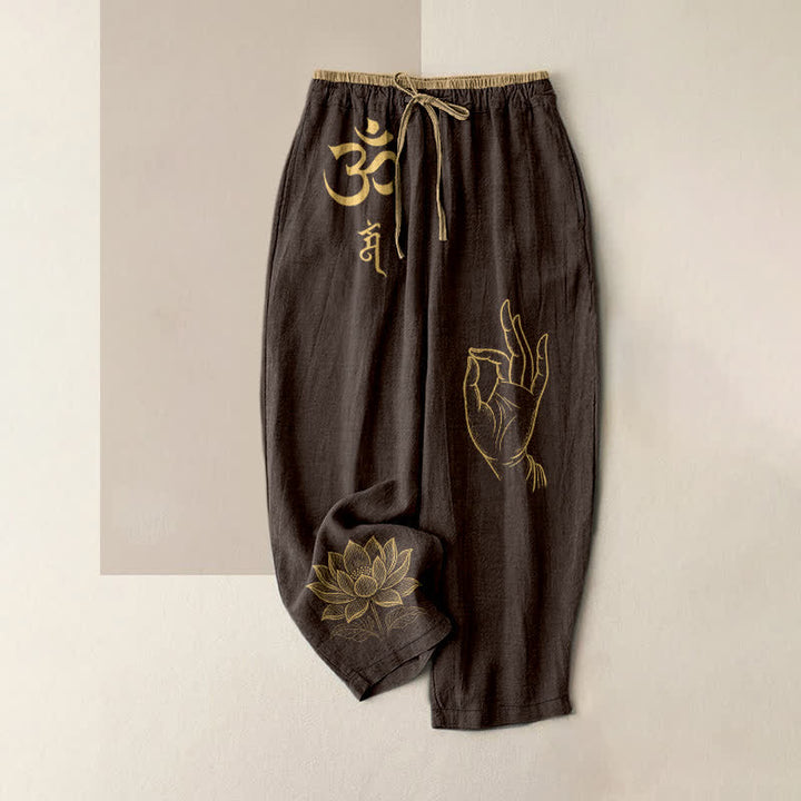 Buddha Stones Pantalones de mujer de algodón puro con estampado de loto sagrado Om y cintura elástica con bolsillos. - Marrón silla de montar - US16，UK/AU20，EU48 (3XL) - image 4