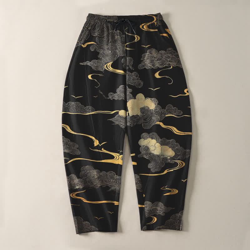 Buddha Stones Pantalones de hombre de algodón puro con estampado de nubes doradas y cordón ajustable, corte cónico y bolsillos. - image 2