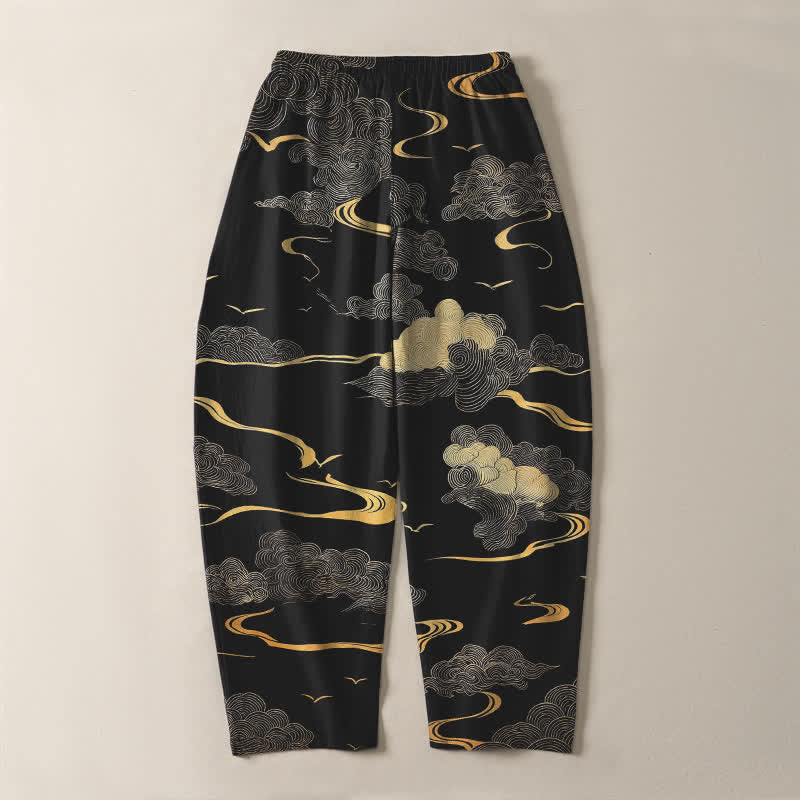 Buddha Stones Pantalones de hombre de algodón puro con estampado de nubes doradas y cordón ajustable, corte cónico y bolsillos. - image 3