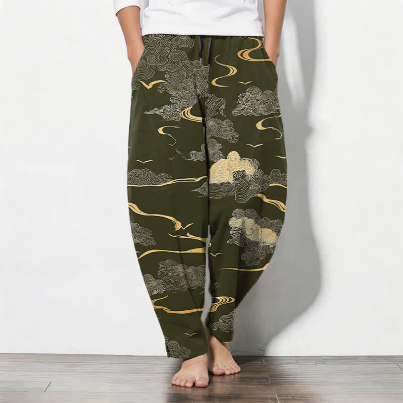 Buddha Stones Pantalones de hombre de algodón puro con estampado de nubes doradas y cordón ajustable, corte cónico y bolsillos. - Verde oliva oscuro - US/UK/AU50, EU60 (5XL) - image 7