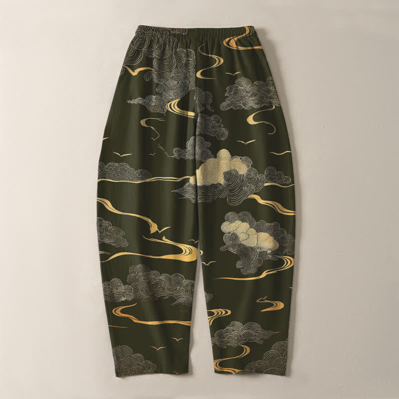 Buddha Stones Pantalones de hombre de algodón puro con estampado de nubes doradas y cordón ajustable, corte cónico y bolsillos. - image 10