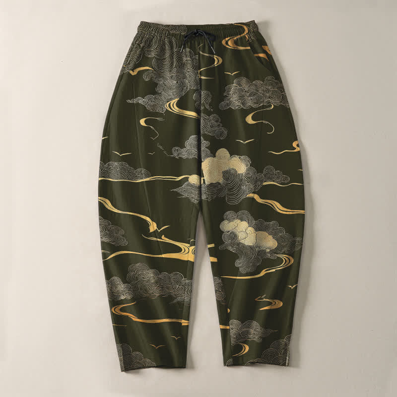 Buddha Stones Pantalones de hombre de algodón puro con estampado de nubes doradas y cordón ajustable, corte cónico y bolsillos. - image 9
