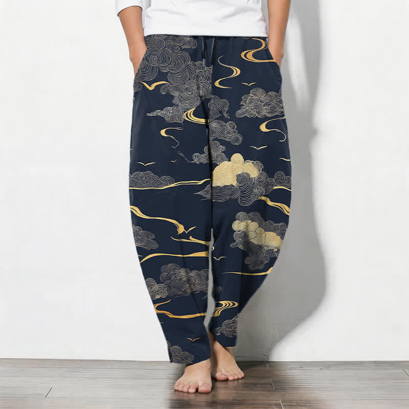Buddha Stones Pantalones de hombre de algodón puro con estampado de nubes doradas y cordón ajustable, corte cónico y bolsillos. - Marina de guerra - US/UK/AU50, EU60 (5XL) - image 11