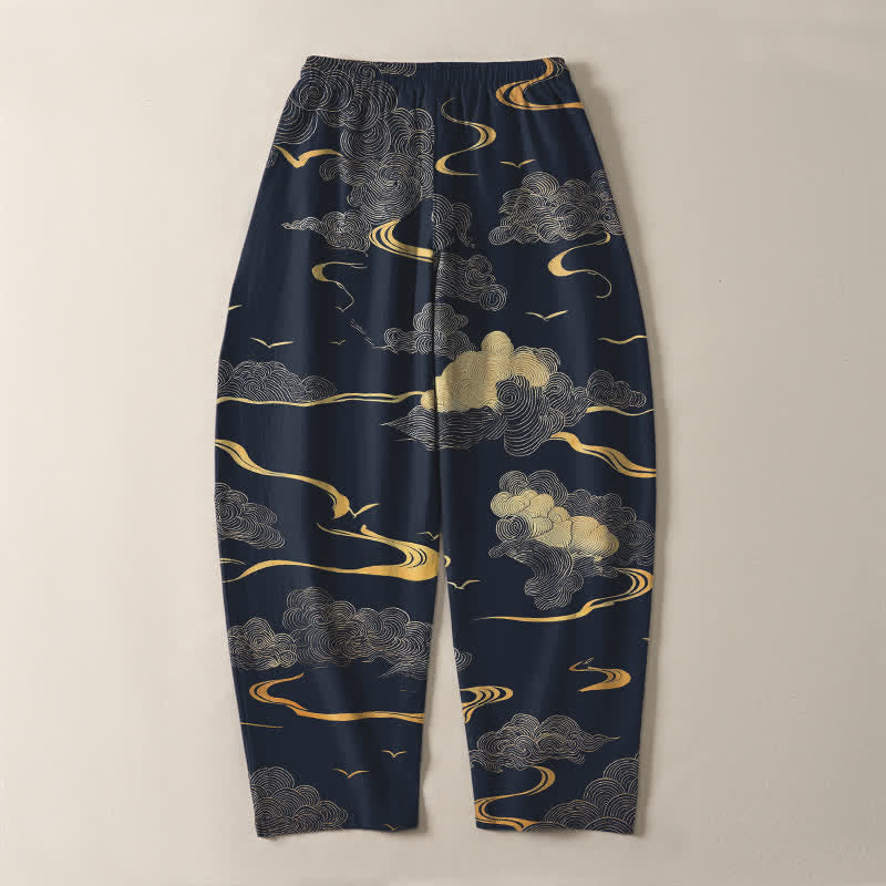 Buddha Stones Pantalones de hombre de algodón puro con estampado de nubes doradas y cordón ajustable, corte cónico y bolsillos. - image 14