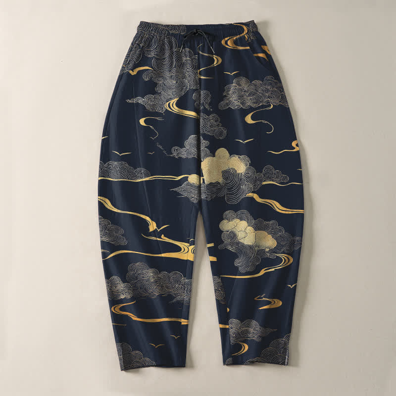 Buddha Stones Pantalones de hombre de algodón puro con estampado de nubes doradas y cordón ajustable, corte cónico y bolsillos. - image 13