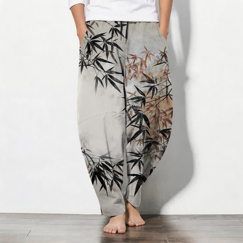 Buddha Stones Pantalones de hombre de algodón puro con estampado de hojas de bambú, cordón ajustable y corte cónico, con bolsillos. - Gainsboro - US/UK/AU50, EU60 (5XL) - image 0