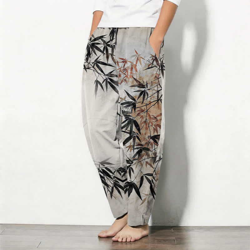 Buddha Stones Pantalones de hombre de algodón puro con estampado de hojas de bambú, cordón ajustable y corte cónico, con bolsillos. - image 1