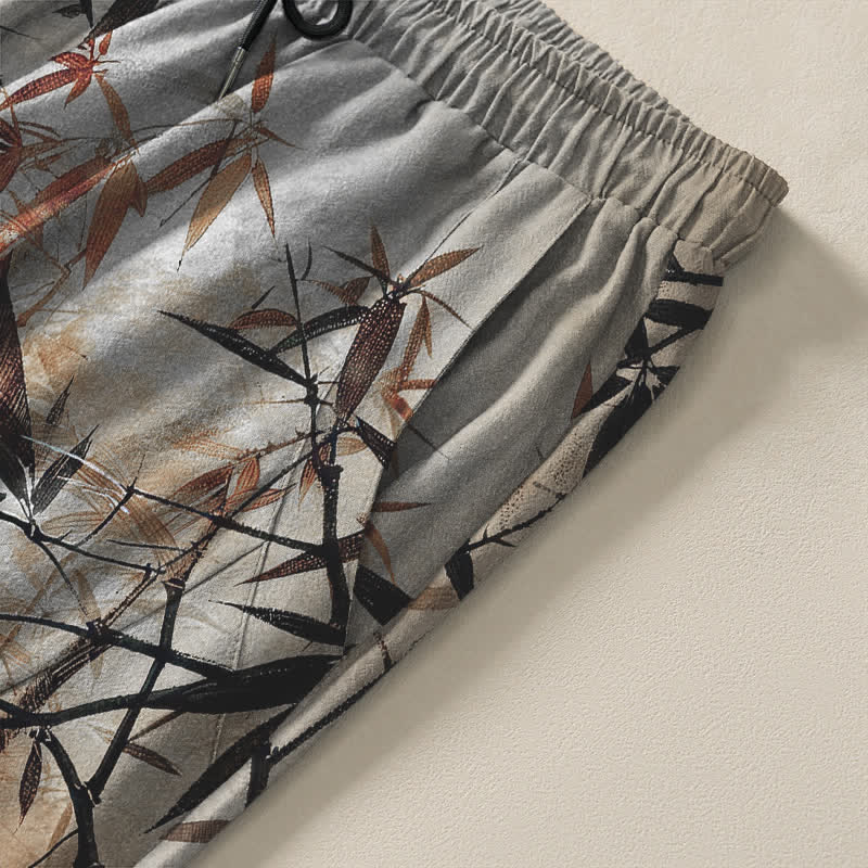 Buddha Stones Pantalones de hombre de algodón puro con estampado de hojas de bambú, cordón ajustable y corte cónico, con bolsillos. - image 4