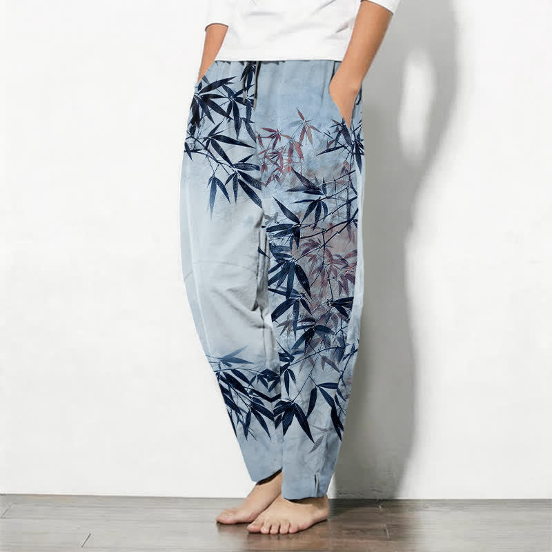 Buddha Stones Pantalones de hombre de algodón puro con estampado de hojas de bambú, cordón ajustable y corte cónico, con bolsillos. - image 8