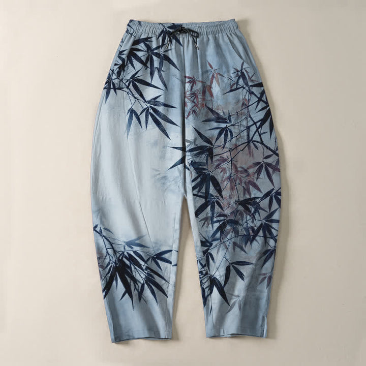 Buddha Stones Pantalones de hombre de algodón puro con estampado de hojas de bambú, cordón ajustable y corte cónico, con bolsillos. - image 9