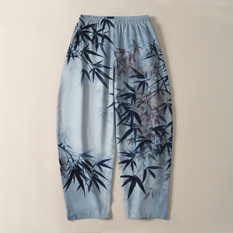 Buddha Stones Pantalones de hombre de algodón puro con estampado de hojas de bambú, cordón ajustable y corte cónico, con bolsillos. - image 10