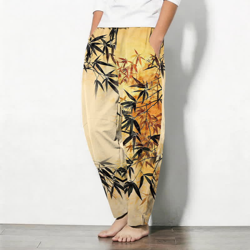 Buddha Stones Pantalones de hombre de algodón puro con estampado de hojas de bambú, cordón ajustable y corte cónico, con bolsillos. - image 12