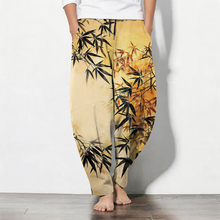 Buddha Stones Pantalones de hombre de algodón puro con estampado de hojas de bambú, cordón ajustable y corte cónico, con bolsillos. - Oro - US/UK/AU50, EU60 (5XL) - image 11