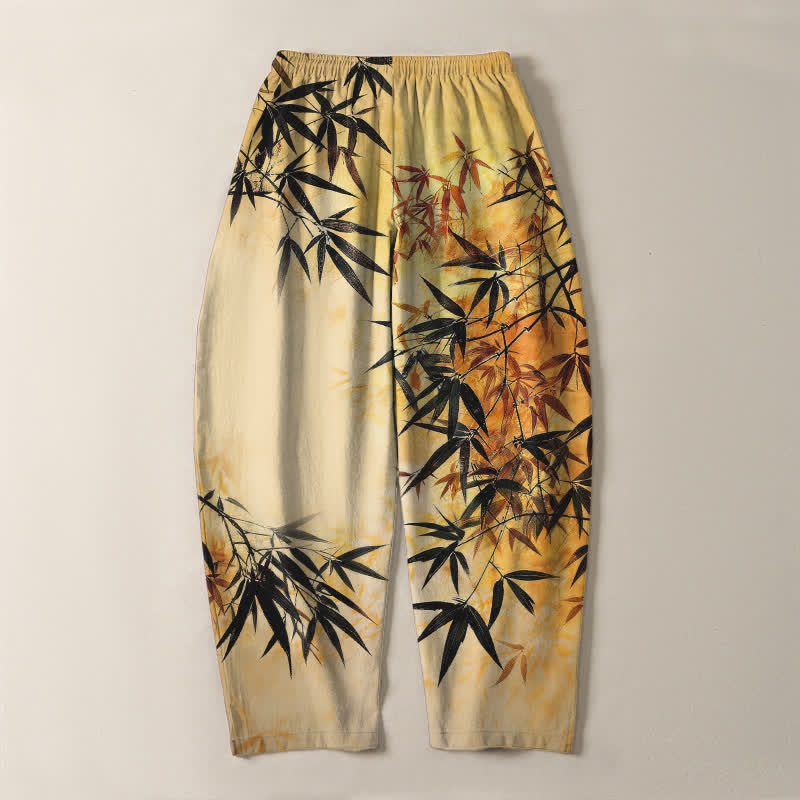 Buddha Stones Pantalones de hombre de algodón puro con estampado de hojas de bambú, cordón ajustable y corte cónico, con bolsillos. - image 14