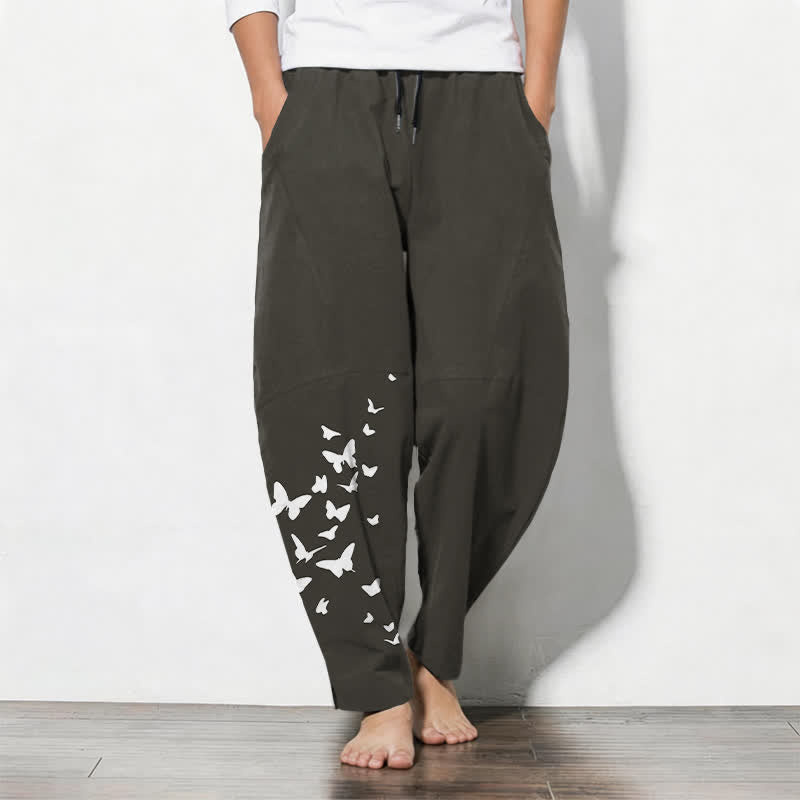 Buddha Stones Pantalones de hombre de algodón puro, color blanco, con estampado de mariposas, cordón ajustable y corte cónico, con bolsillos. - Negro - US/UK/AU50, EU60 (5XL) - image 0