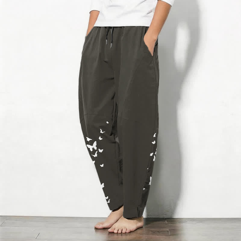 Buddha Stones Pantalones de hombre de algodón puro, color blanco, con estampado de mariposas, cordón ajustable y corte cónico, con bolsillos. - image 1