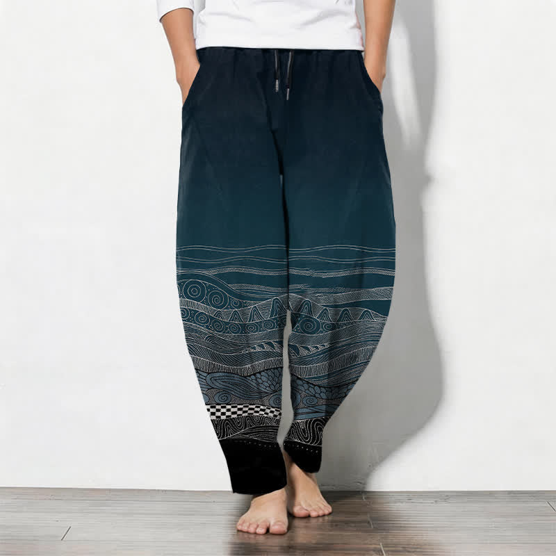 Buddha Stones Pantalones de hombre de algodón puro con estampado tribal de ondas, cordón ajustable y corte cónico, con bolsillos. - Verde azulado - US/UK/AU50, EU60 (5XL) - image 0