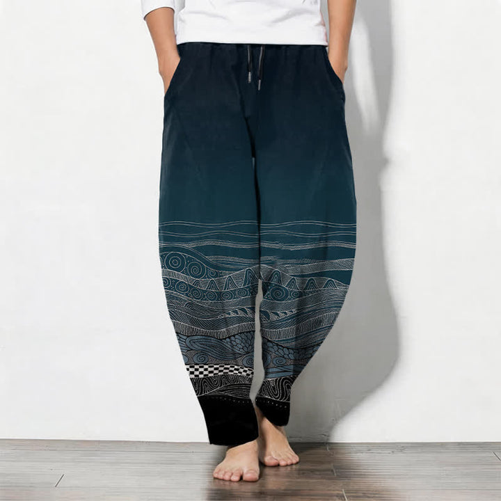 Buddha Stones Pantalones de hombre de algodón puro con estampado tribal de ondas, cordón ajustable y corte cónico, con bolsillos. - Verde azulado - US/UK/AU50, EU60 (5XL) - image 0
