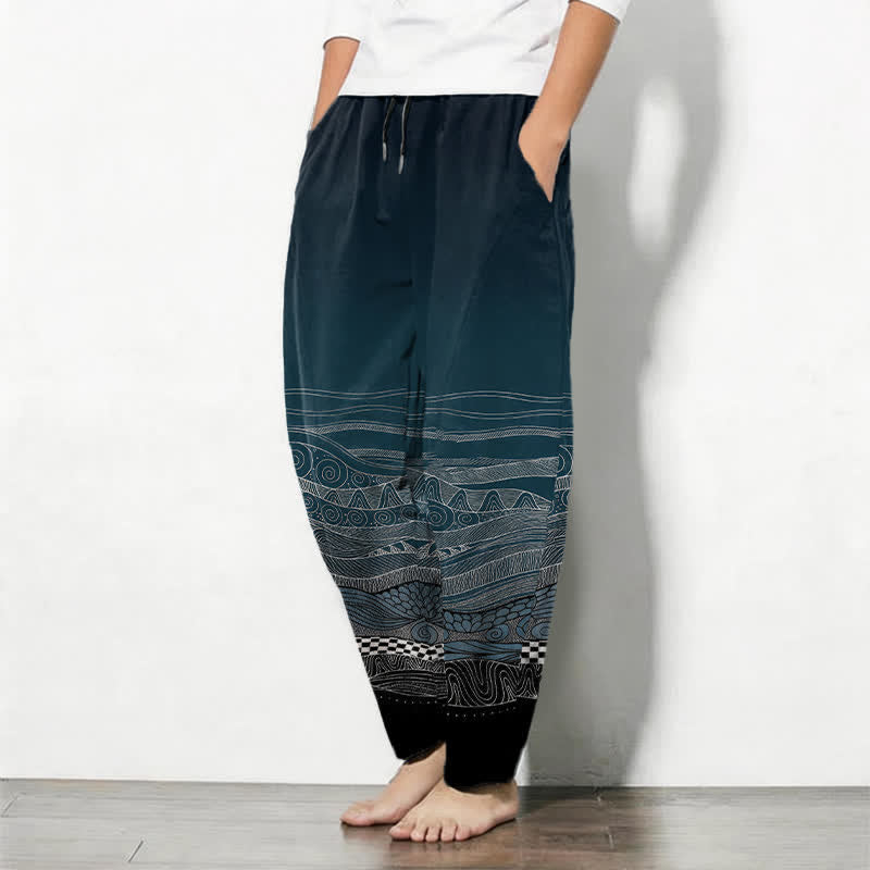 Buddha Stones Pantalones de hombre de algodón puro con estampado tribal de ondas, cordón ajustable y corte cónico, con bolsillos. - image 1