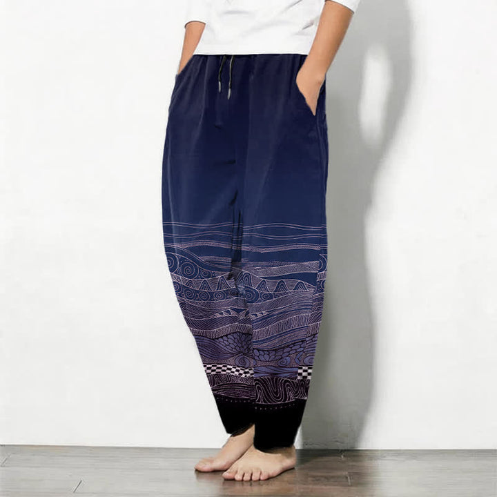 Buddha Stones Pantalones de hombre de algodón puro con estampado tribal de ondas, cordón ajustable y corte cónico, con bolsillos. - image 8