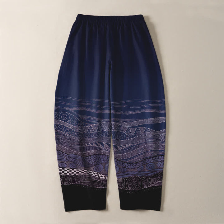 Buddha Stones Pantalones de hombre de algodón puro con estampado tribal de ondas, cordón ajustable y corte cónico, con bolsillos. - image 10