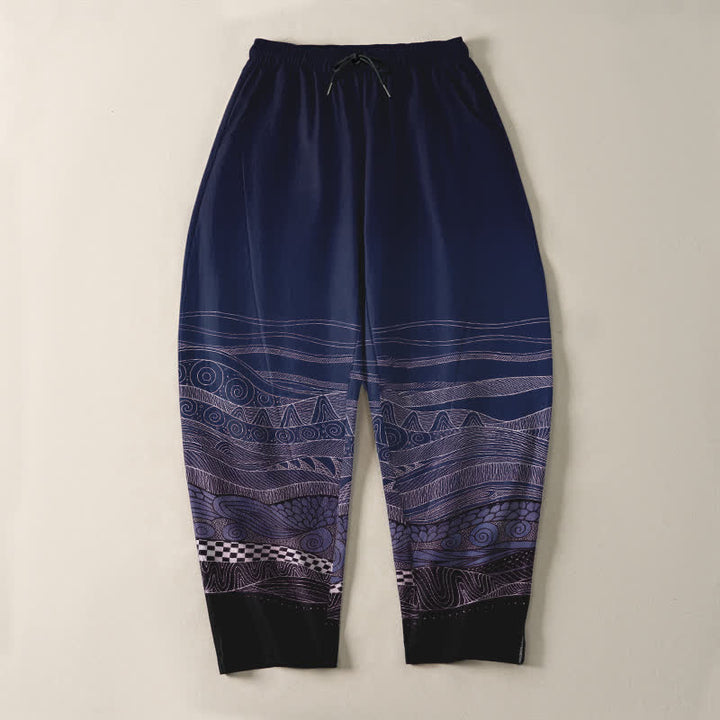 Buddha Stones Pantalones de hombre de algodón puro con estampado tribal de ondas, cordón ajustable y corte cónico, con bolsillos. - image 9