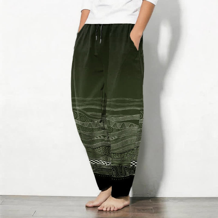 Buddha Stones Pantalones de hombre de algodón puro con estampado tribal de ondas, cordón ajustable y corte cónico, con bolsillos. - image 12