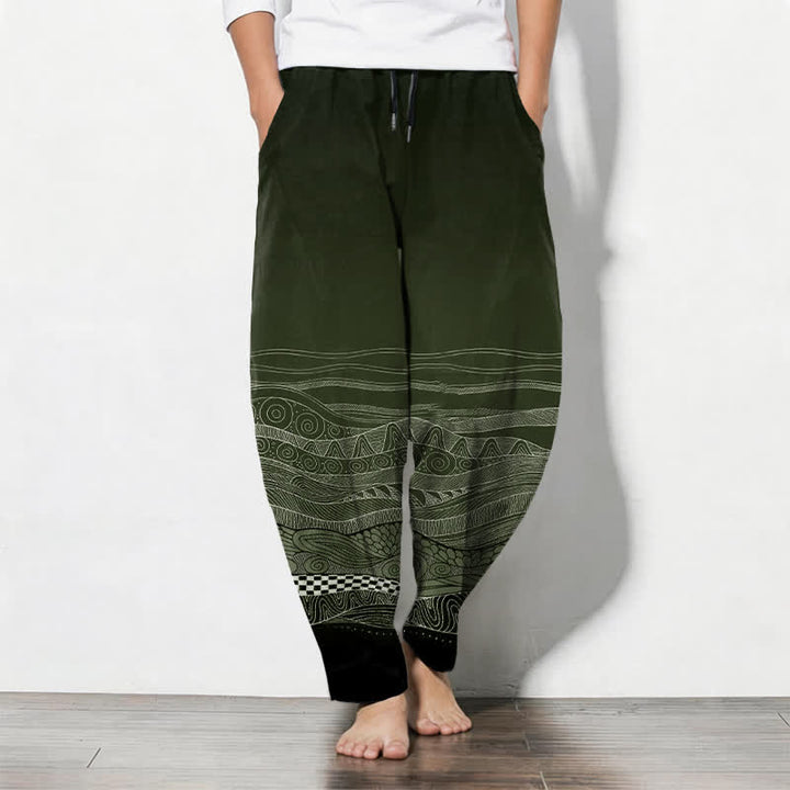 Buddha Stones Pantalones de hombre de algodón puro con estampado tribal de ondas, cordón ajustable y corte cónico, con bolsillos. - Verde oliva oscuro - US/UK/AU50, EU60 (5XL) - image 11