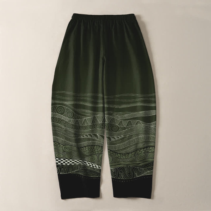 Buddha Stones Pantalones de hombre de algodón puro con estampado tribal de ondas, cordón ajustable y corte cónico, con bolsillos. - image 14