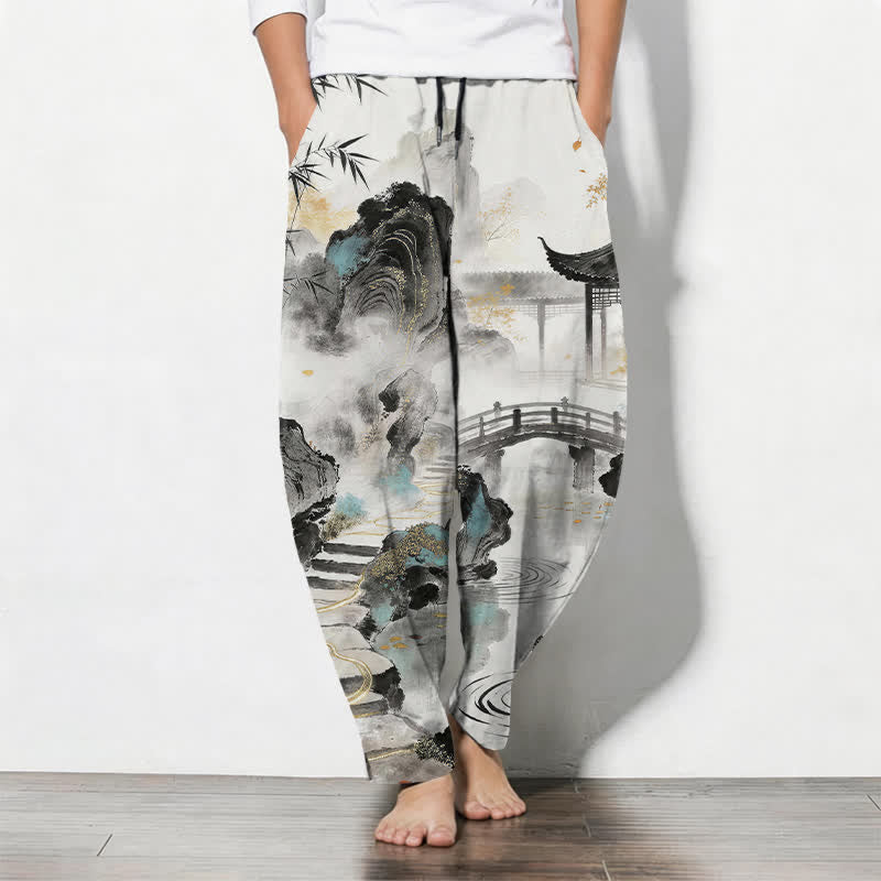 Buddha Stones Pantalones de hombre de algodón puro con estampado de paisaje de bambú, cordón ajustable y corte cónico, con bolsillos. - Blanco - US/UK/AU50, EU60 (5XL) - image 0
