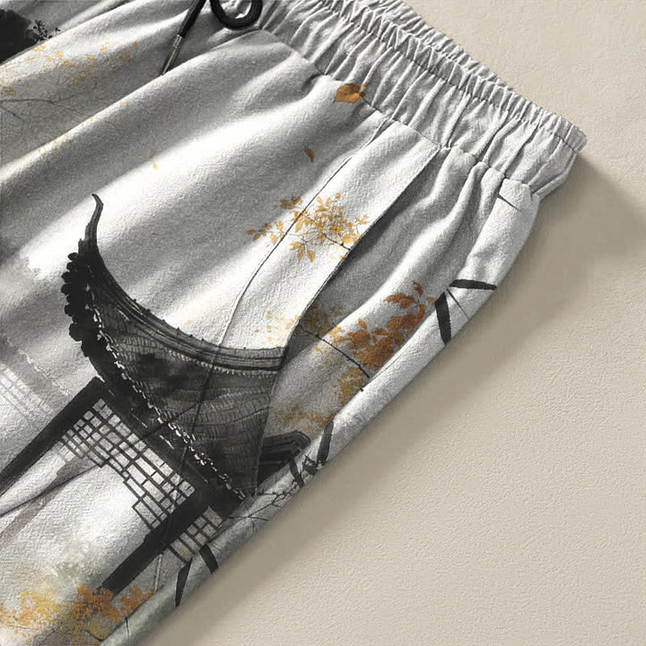 Buddha Stones Pantalones de hombre de algodón puro con estampado de paisaje de bambú, cordón ajustable y corte cónico, con bolsillos. - image 4