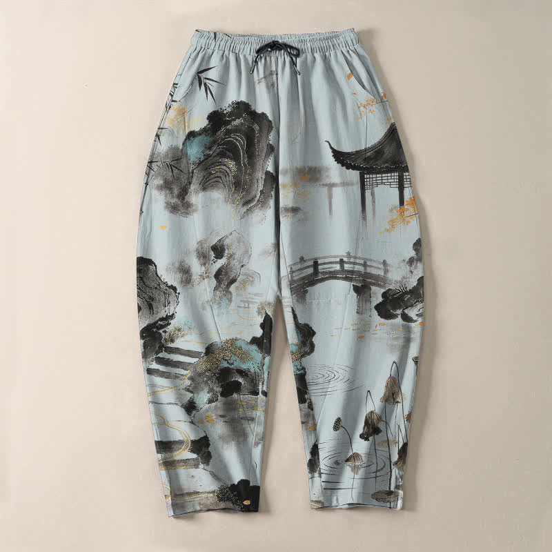 Buddha Stones Pantalones de hombre de algodón puro con estampado de paisaje de bambú, cordón ajustable y corte cónico, con bolsillos. - image 9