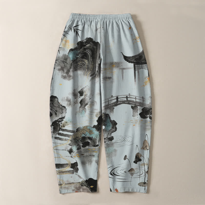 Buddha Stones Pantalones de hombre de algodón puro con estampado de paisaje de bambú, cordón ajustable y corte cónico, con bolsillos. - image 10
