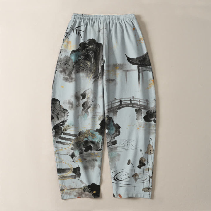 Buddha Stones Pantalones de hombre de algodón puro con estampado de paisaje de bambú, cordón ajustable y corte cónico, con bolsillos. - image 10