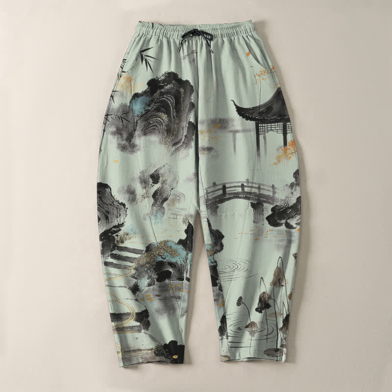 Buddha Stones Pantalones de hombre de algodón puro con estampado de paisaje de bambú, cordón ajustable y corte cónico, con bolsillos. - image 13