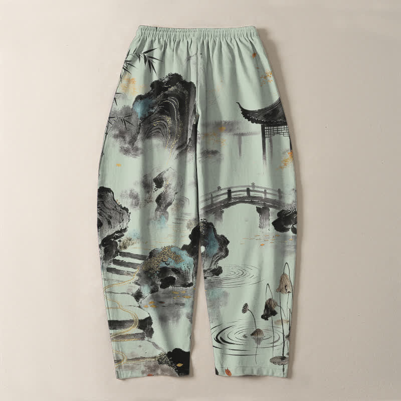Buddha Stones Pantalones de hombre de algodón puro con estampado de paisaje de bambú, cordón ajustable y corte cónico, con bolsillos. - image 14