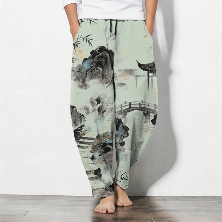 Buddha Stones Pantalones de hombre de algodón puro con estampado de paisaje de bambú, cordón ajustable y corte cónico, con bolsillos. - Verde pálido - US/UK/AU50, EU60 (5XL) - image 11