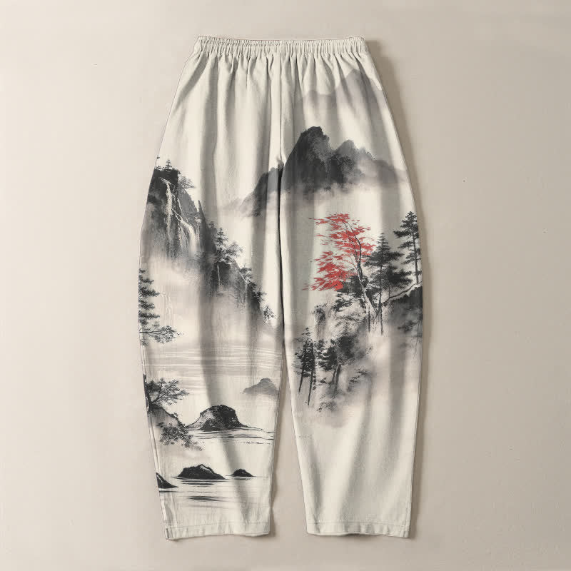 Buddha Stones Pantalones de hombre de algodón puro con estampado de paisaje de montaña lavado a la tinta, cordón ajustable y corte cónico con bolsillos. - image 3