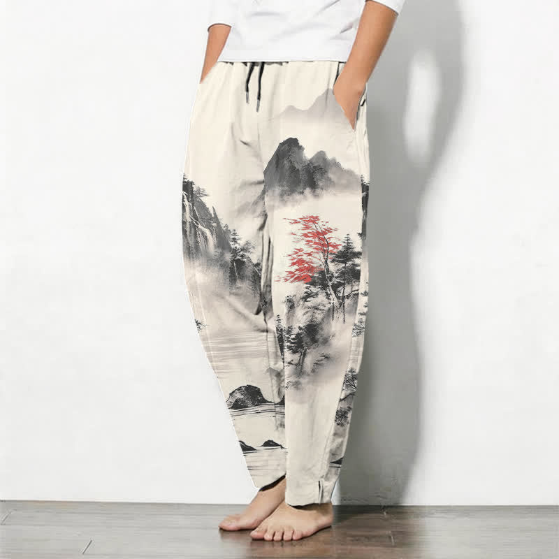 Buddha Stones Pantalones de hombre de algodón puro con estampado de paisaje de montaña lavado a la tinta, cordón ajustable y corte cónico con bolsillos. - image 1