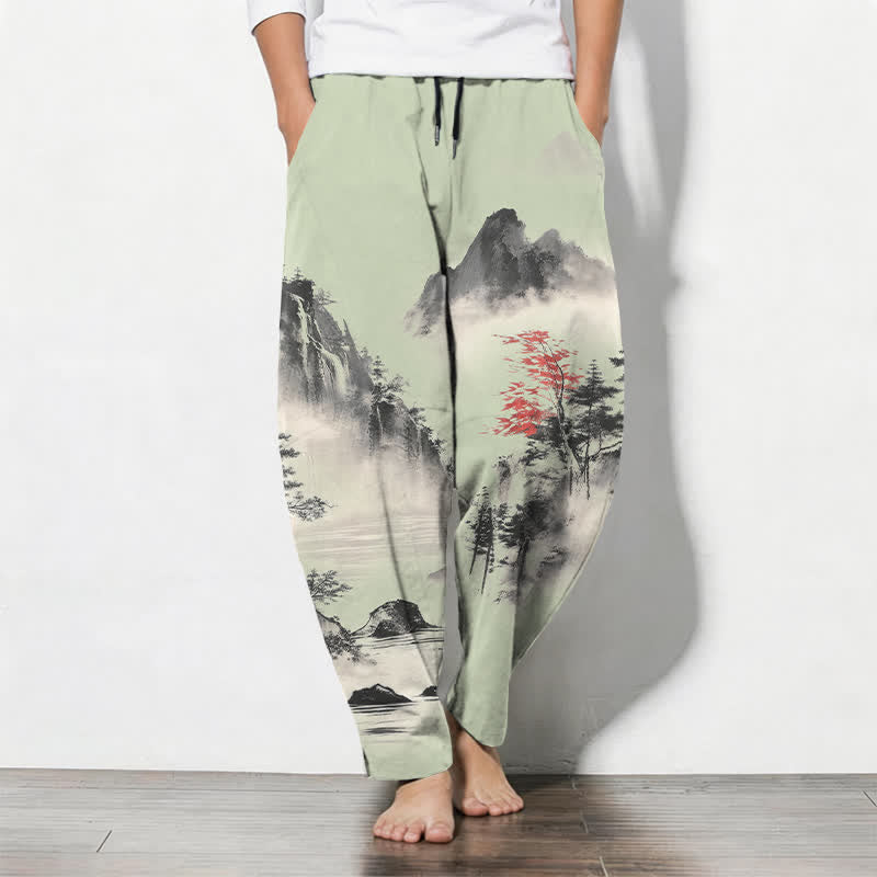 Buddha Stones Pantalones de hombre de algodón puro con estampado de paisaje de montaña lavado a la tinta, cordón ajustable y corte cónico con bolsillos. - Verde pálido - US/UK/AU50, EU60 (5XL) - image 7