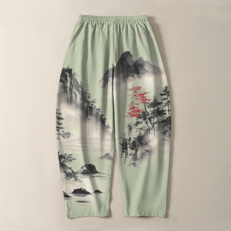 Buddha Stones Pantalones de hombre de algodón puro con estampado de paisaje de montaña lavado a la tinta, cordón ajustable y corte cónico con bolsillos. - image 10