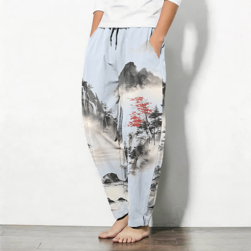 Buddha Stones Pantalones de hombre de algodón puro con estampado de paisaje de montaña lavado a la tinta, cordón ajustable y corte cónico con bolsillos. - image 12
