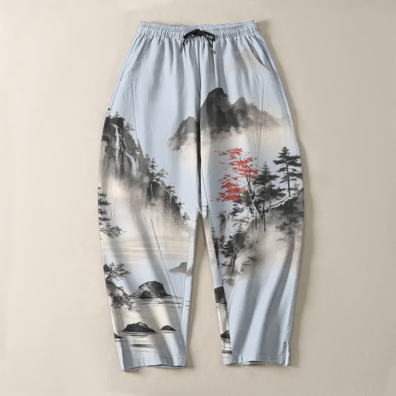 Buddha Stones Pantalones de hombre de algodón puro con estampado de paisaje de montaña lavado a la tinta, cordón ajustable y corte cónico con bolsillos. - image 13