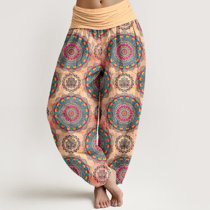 Buddha Stones Pantalones harem de algodón con estampado de mandala estilo boho y cintura elástica para mujer. - PeachPuff - US16，UK/AU20，EU48 (3XL) - image 8