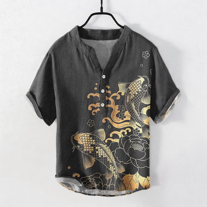 Buddha Stones Camisa de manga corta con medio botón y estampado de peonías y peces koi para hombre, de algodón. - Gris oscuro - US/UK/AU50, EU60 (5XL) - image 5