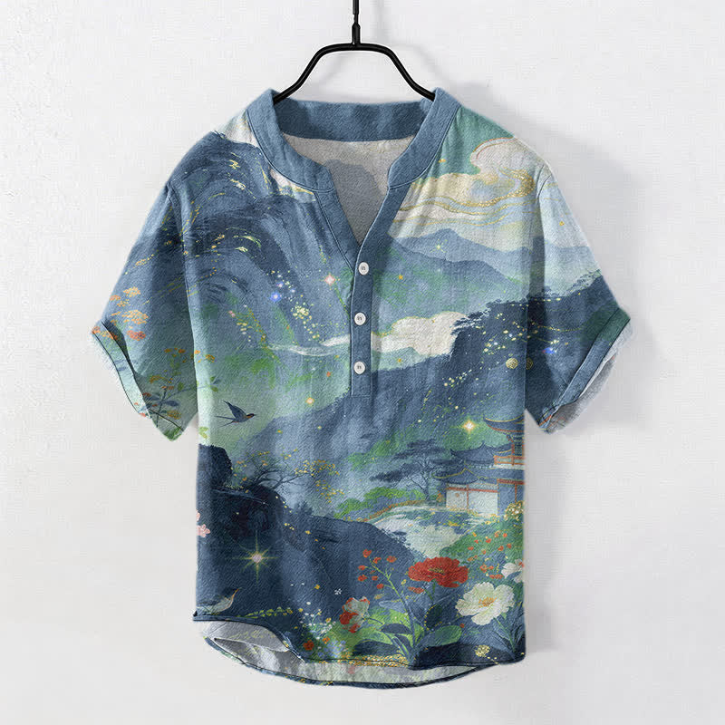 Buddha Stones Camisa de manga corta con medio botón para hombre, de algodón con estampado de paisaje lavado a la tinta. - Azul cadete - US/UK/AU50, EU60 (5XL) - image 0