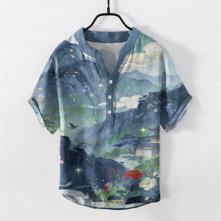 Buddha Stones Camisa de manga corta con medio botón para hombre, de algodón con estampado de paisaje lavado a la tinta. - Azul cadete - US/UK/AU50, EU60 (5XL) - image 0