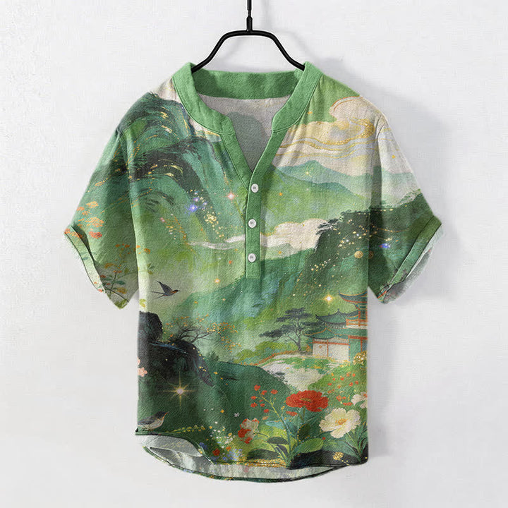 Buddha Stones Camisa de manga corta con medio botón para hombre, de algodón con estampado de paisaje lavado a la tinta. - Verde mar medio - US/UK/AU50, EU60 (5XL) - image 5